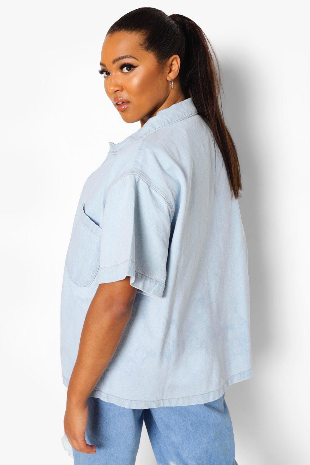 Plus size short cheap sleeve jean shirt